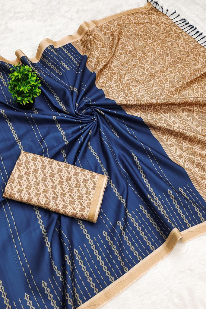Royal Navy Blue Mysore Soft Silk Saree with Antique Gold Zari Woven Design