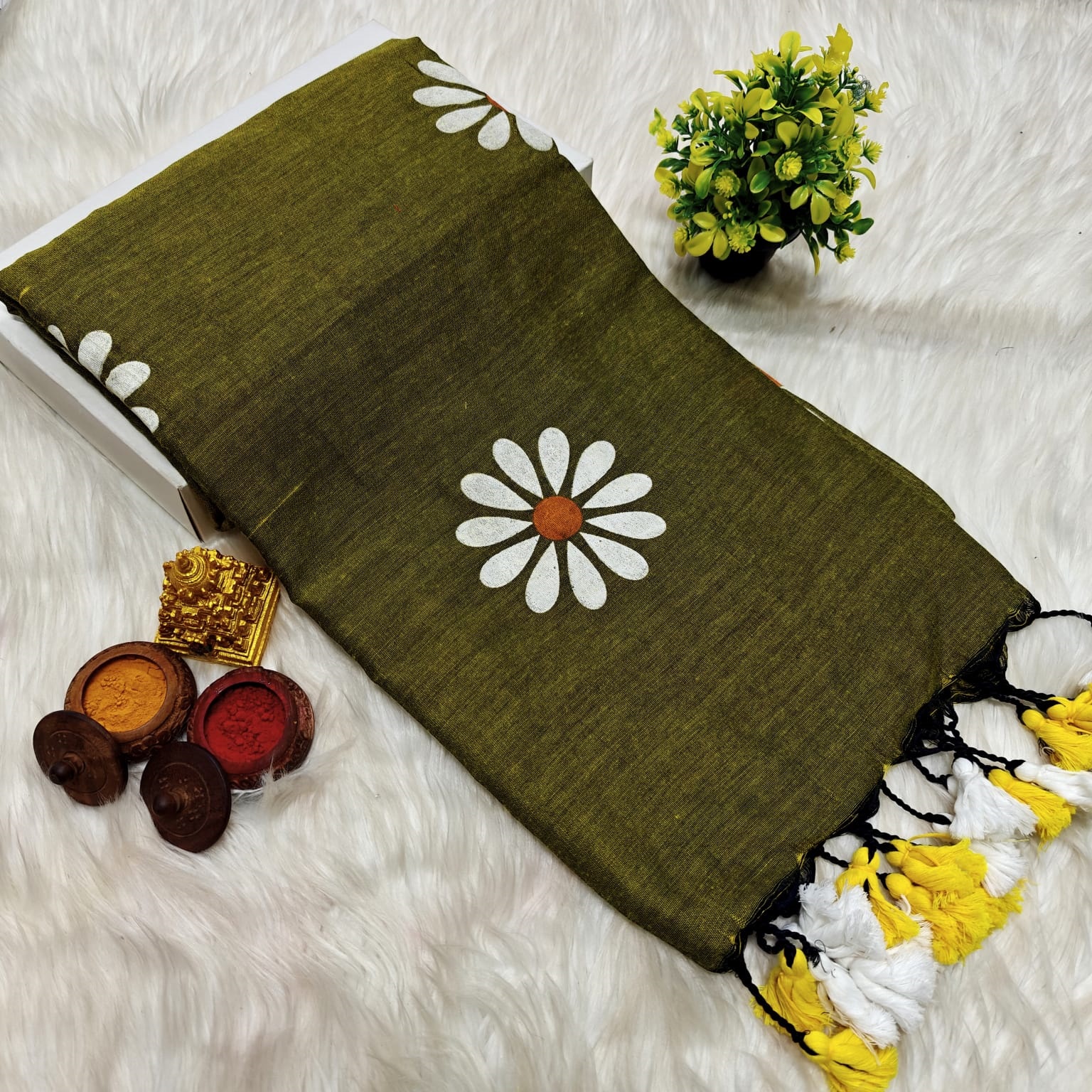 Elegant Olive Green Khadi Cotton Saree with White Floral Print & Multicolor Tassel Pallu