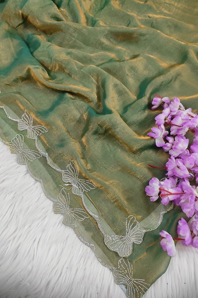 Elegant Olive Green Tissue Silk Saree with Butterfly Embroidered Border