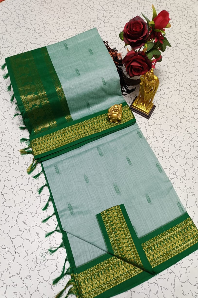Elegant Pastel Blue Kalyani Cotton Saree with Green Zari Border