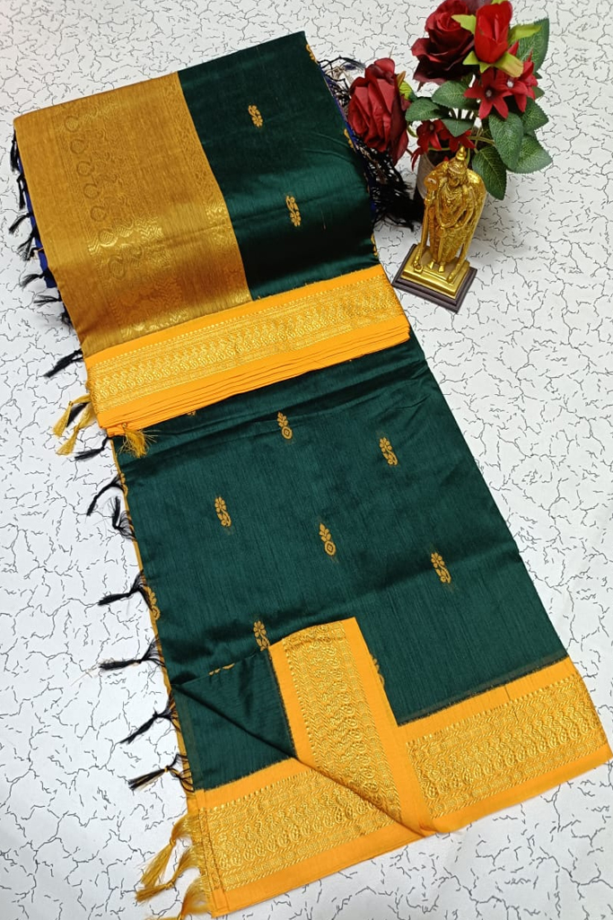 Elegant Bottle Green Kalyani Cotton Saree with Mustard Yellow Zari Border