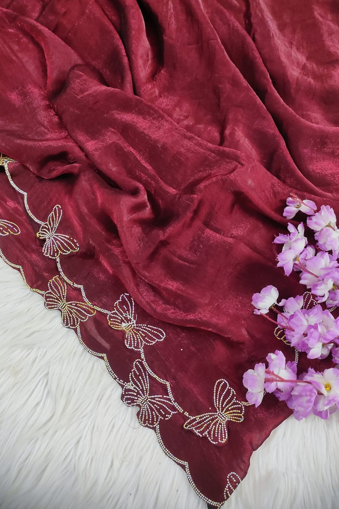 Elegant Wine Red Tissue Silk Saree with Butterfly Embroidered Border