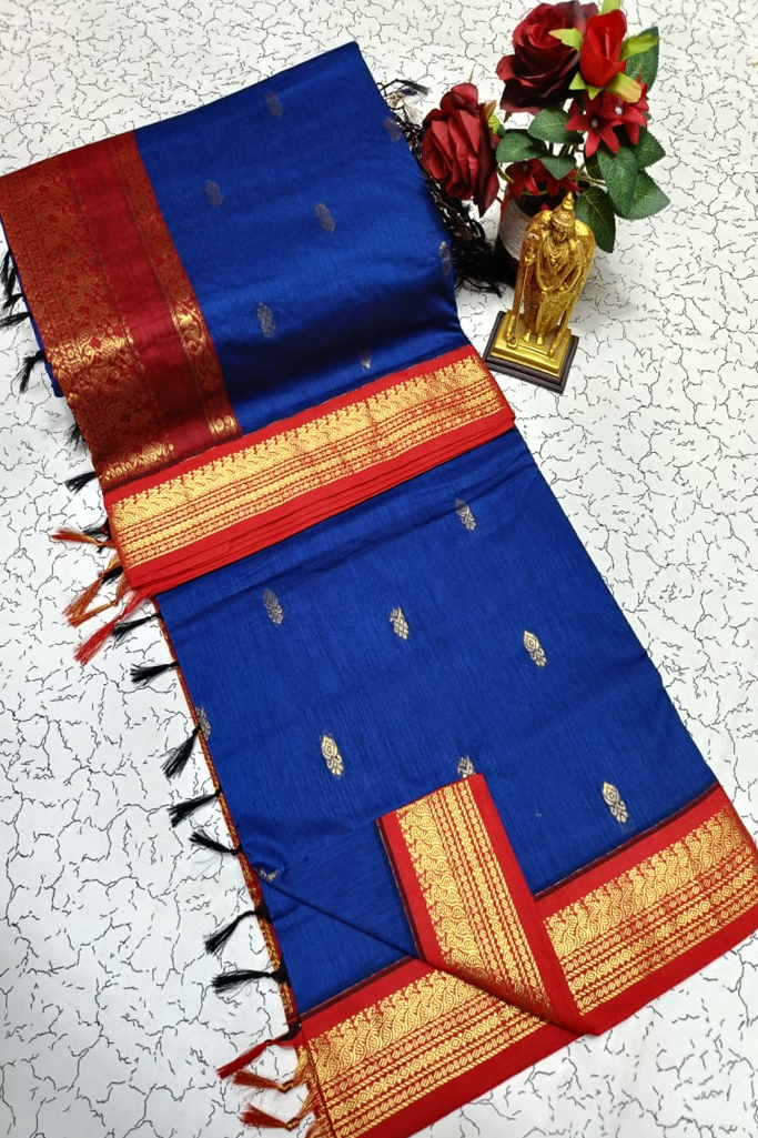 Royal Blue Kalyani Cotton Saree with Red Zari Border & Butti Design