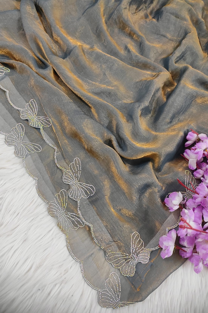Elegant Grey Tissue Silk Saree with Butterfly Embroidered Border