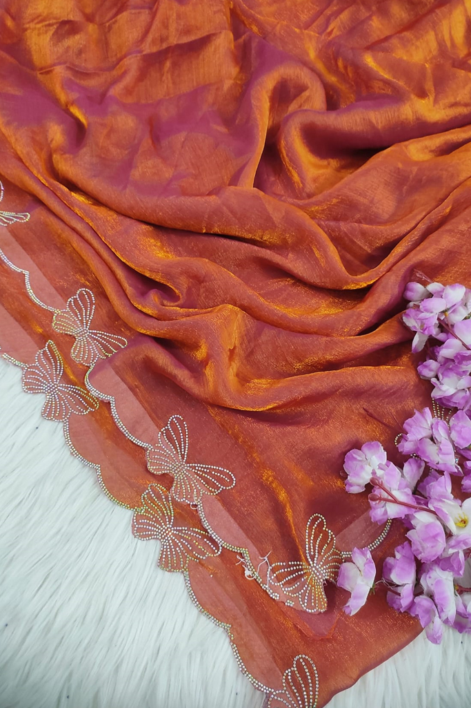 Elegant Orange Tissue Silk Saree with Butterfly Embroidered Border