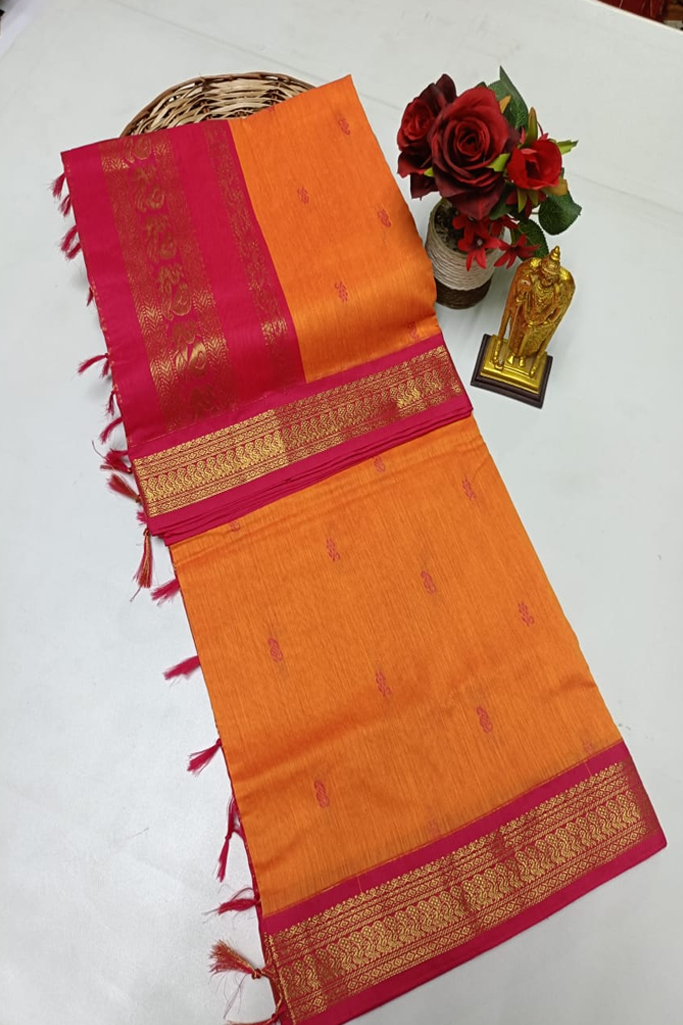 Vibrant Orange Kalyani Cotton Saree with Pink Zari Border