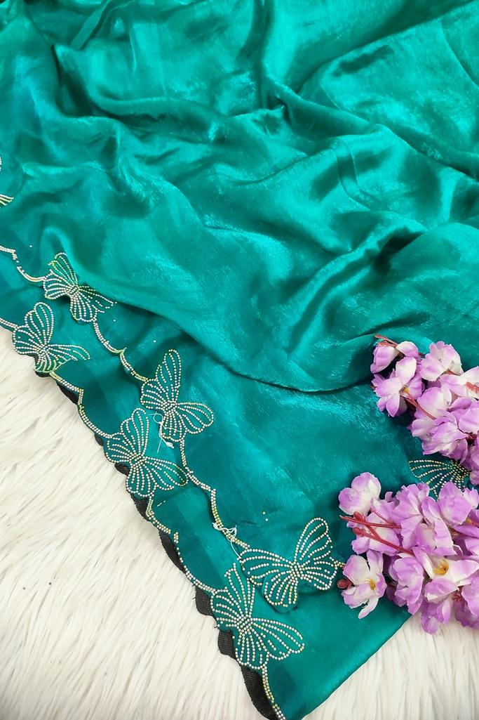 Elegant Teal Green Tissue Silk Saree with Butterfly Embroidered Border