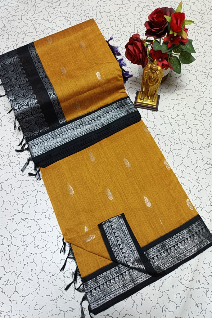 Elegant Mustard Yellow Kalyani Cotton Saree with Black Zari Border