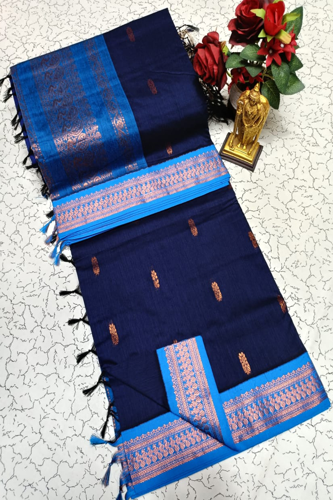 Elegant Navy Blue Kalyani Cotton Saree with Sky Blue Zari Border