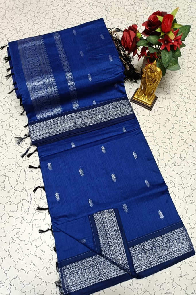 Elegant Royal Blue Kalyani Cotton Saree with Silver Zari Border