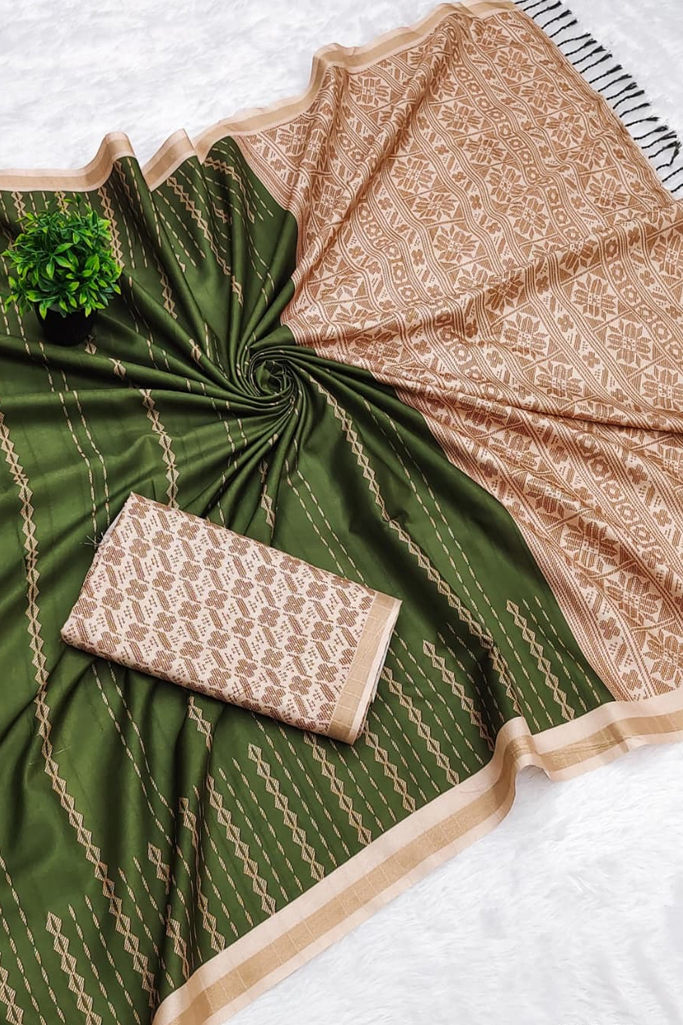 Elegant Olive Green Mysore Soft Silk Saree with Antique Gold Zari Woven Design