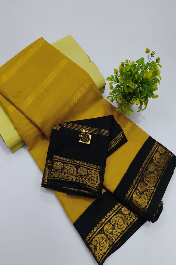 Elegant Mustard Yellow Veldhari Chungidi Cotton Saree with Black Zari Border
