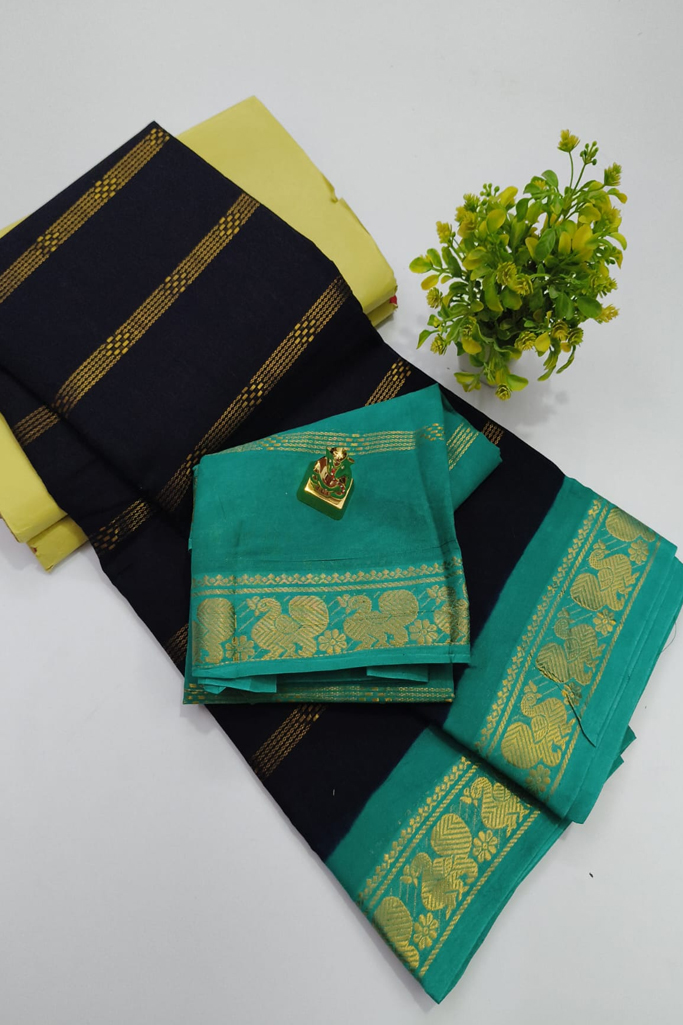 Elegant Black Mysore Soft Silk Saree with Teal Green Zari Woven Border