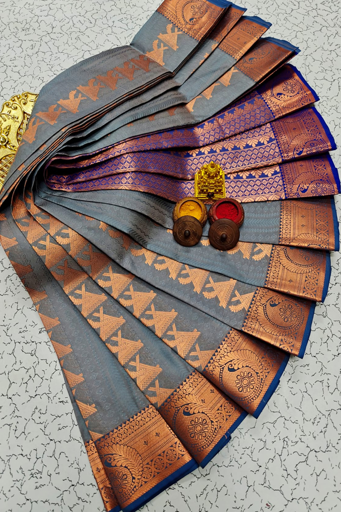 Royal Grey Silk Saree with Copper Zari Woven Border & Rich Pallu