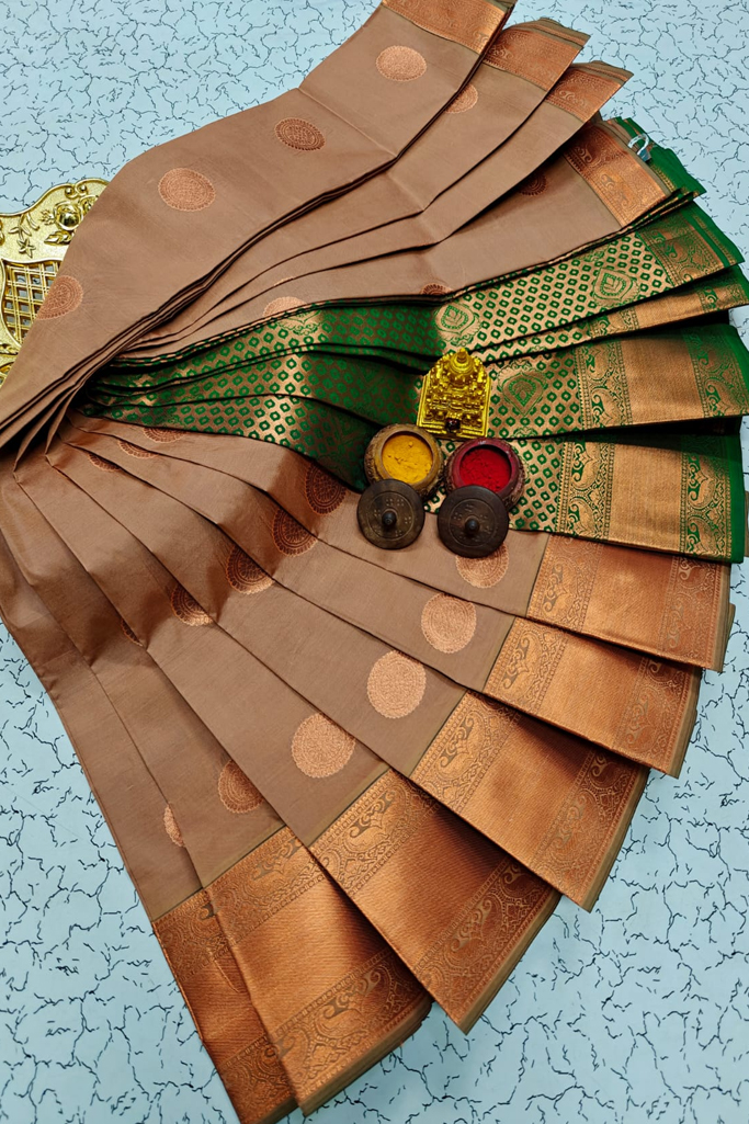 Elegant Beige Silk Saree with Copper Zari Border & Green Rich Pallu