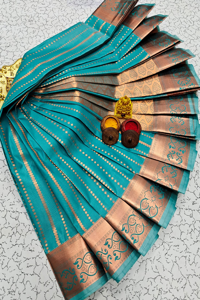Elegant Teal Blue Mysore Soft Silk Saree with Copper Zari Woven Border