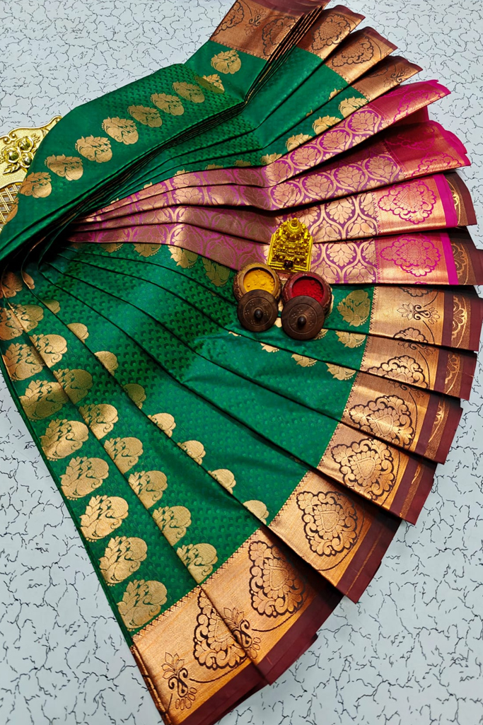 Elegant Green Mysore Soft Silk Saree with Pink & Copper Zari Woven Border