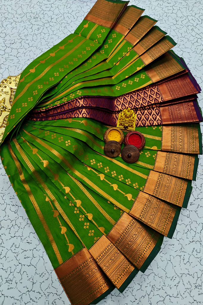 Elegant Parrot Green Mysore Soft Silk Saree with Purple & Copper Zari Woven Border